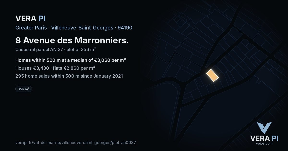 8 Avenue des Marronniers, Villeneuve-Saint-Georges at night – the plot lit, the parcels around coloured by the prices near them