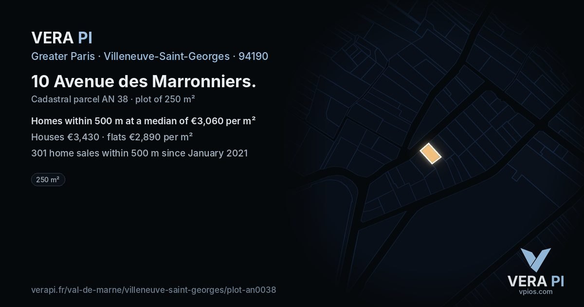 10 Avenue des Marronniers, Villeneuve-Saint-Georges at night – the plot lit, the parcels around coloured by the prices near them