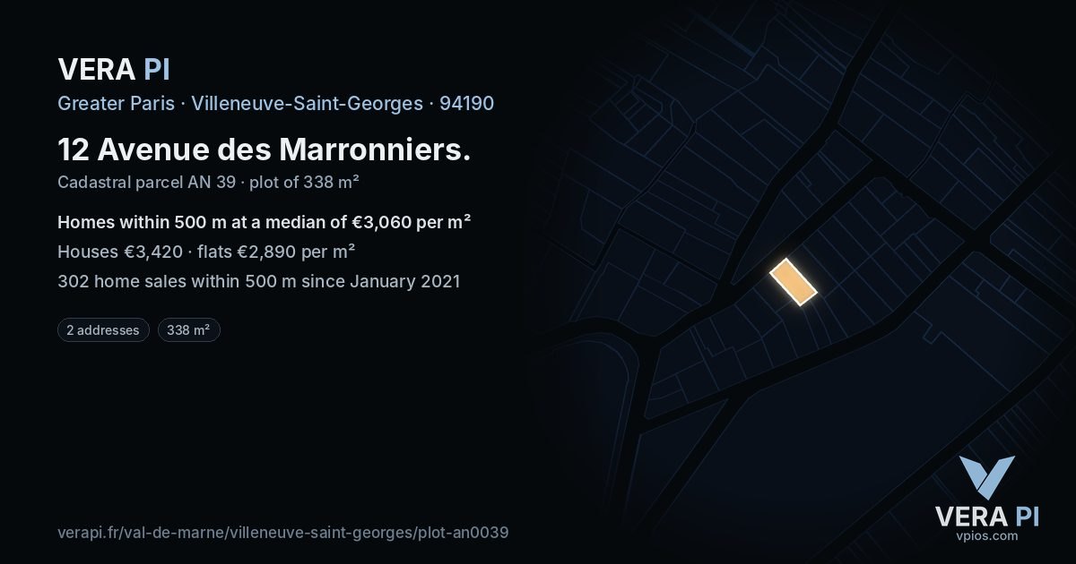 12 Avenue des Marronniers, Villeneuve-Saint-Georges at night – the plot lit, the parcels around coloured by the prices near them