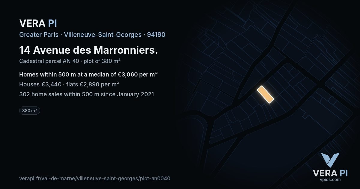 14 Avenue des Marronniers, Villeneuve-Saint-Georges at night – the plot lit, the parcels around coloured by the prices near them