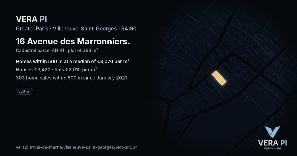 16 Avenue des Marronniers, Villeneuve-Saint-Georges at night – the plot lit, the parcels around coloured by the prices near them