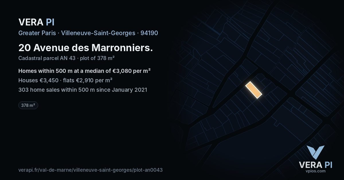 20 Avenue des Marronniers, Villeneuve-Saint-Georges at night – the plot lit, the parcels around coloured by the prices near them