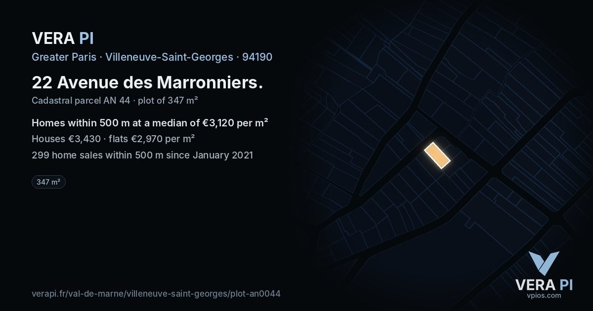 22 Avenue des Marronniers, Villeneuve-Saint-Georges at night – the plot lit, the parcels around coloured by the prices near them