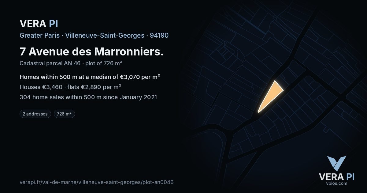 7 Avenue des Marronniers, Villeneuve-Saint-Georges at night – the plot lit, the parcels around coloured by the prices near them