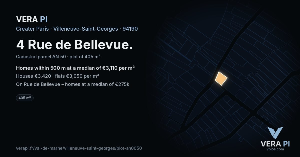 4 Rue de Bellevue, Villeneuve-Saint-Georges at night – the plot lit, the parcels around coloured by the prices near them
