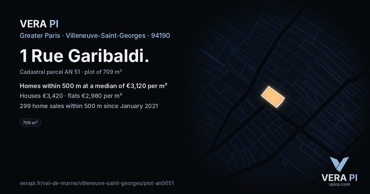 1 Rue Garibaldi, Villeneuve-Saint-Georges at night – the plot lit, the parcels around coloured by the prices near them