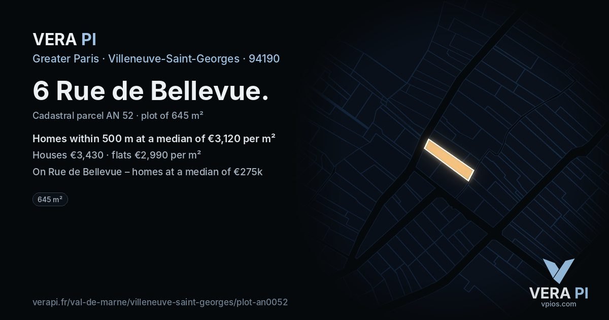 6 Rue de Bellevue, Villeneuve-Saint-Georges at night – the plot lit, the parcels around coloured by the prices near them