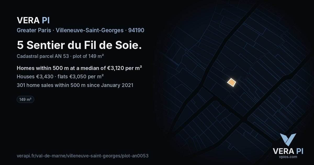 5 Sentier du Fil de Soie, Villeneuve-Saint-Georges at night – the plot lit, the parcels around coloured by the prices near them