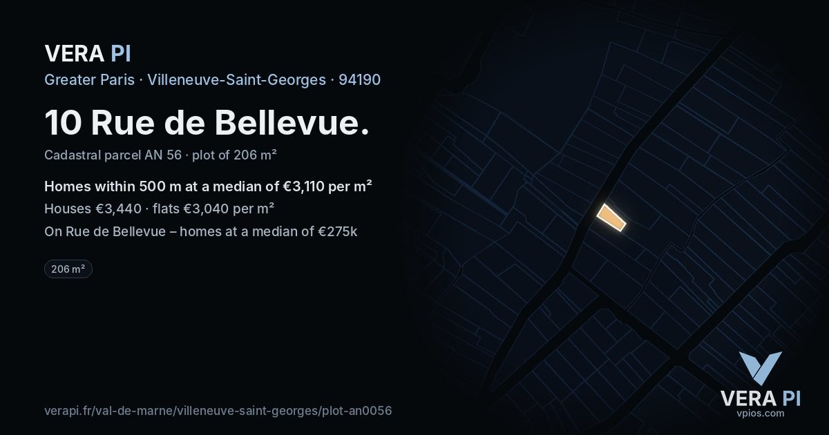 10 Rue de Bellevue, Villeneuve-Saint-Georges at night – the plot lit, the parcels around coloured by the prices near them