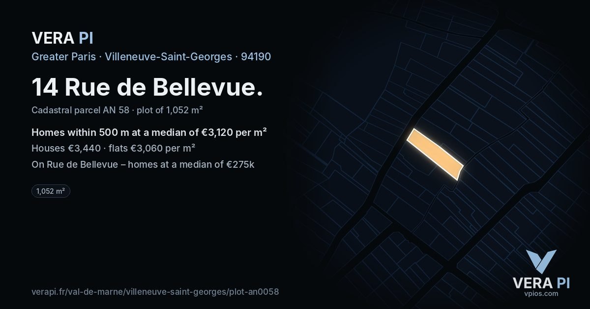 14 Rue de Bellevue, Villeneuve-Saint-Georges at night – the plot lit, the parcels around coloured by the prices near them