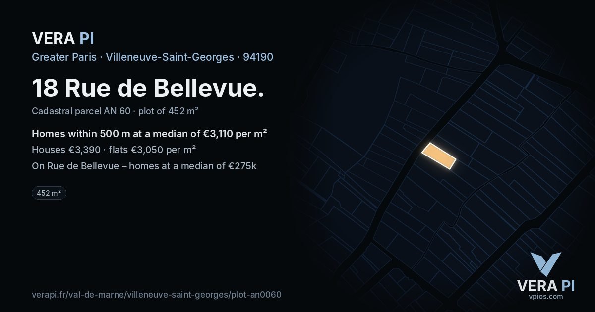 18 Rue de Bellevue, Villeneuve-Saint-Georges at night – the plot lit, the parcels around coloured by the prices near them