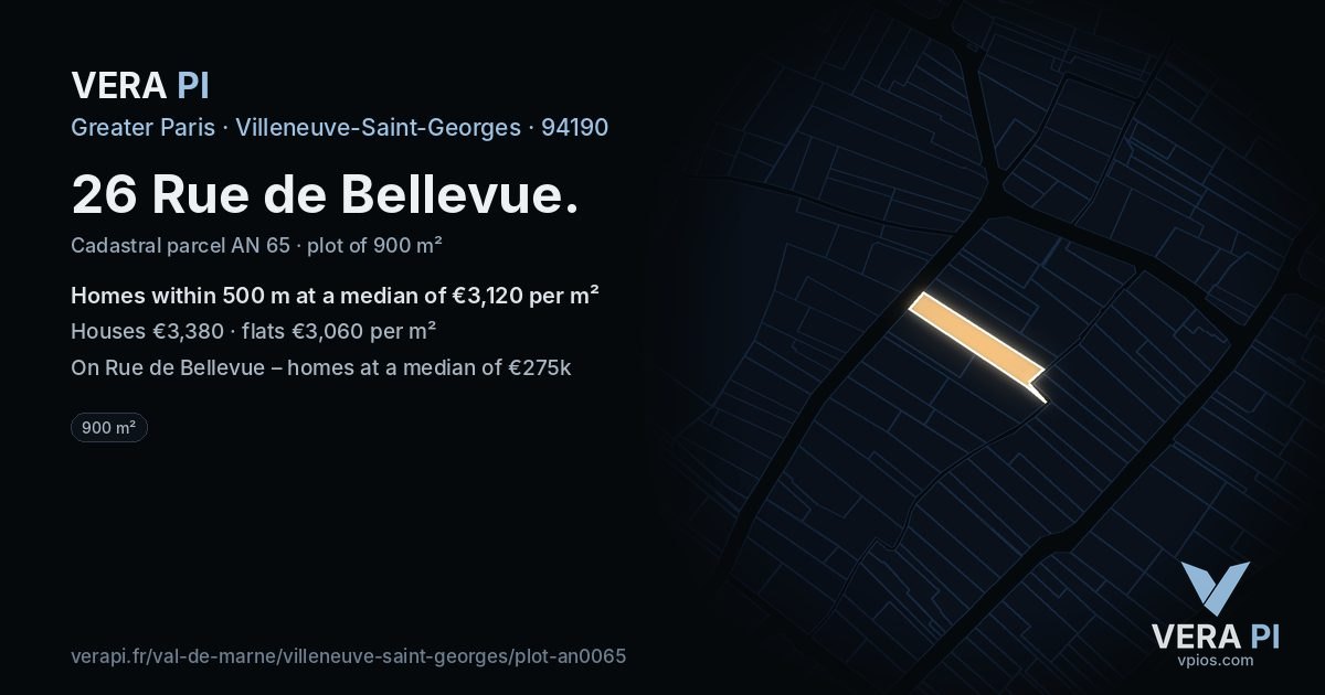 26 Rue de Bellevue, Villeneuve-Saint-Georges at night – the plot lit, the parcels around coloured by the prices near them