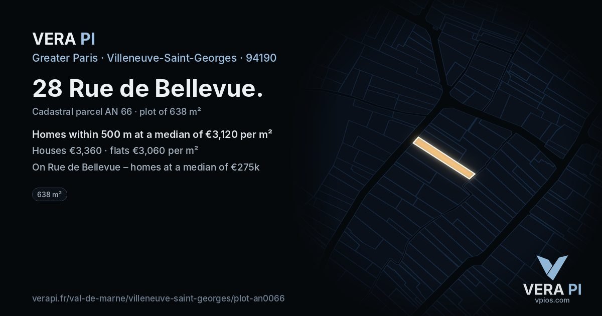 28 Rue de Bellevue, Villeneuve-Saint-Georges at night – the plot lit, the parcels around coloured by the prices near them