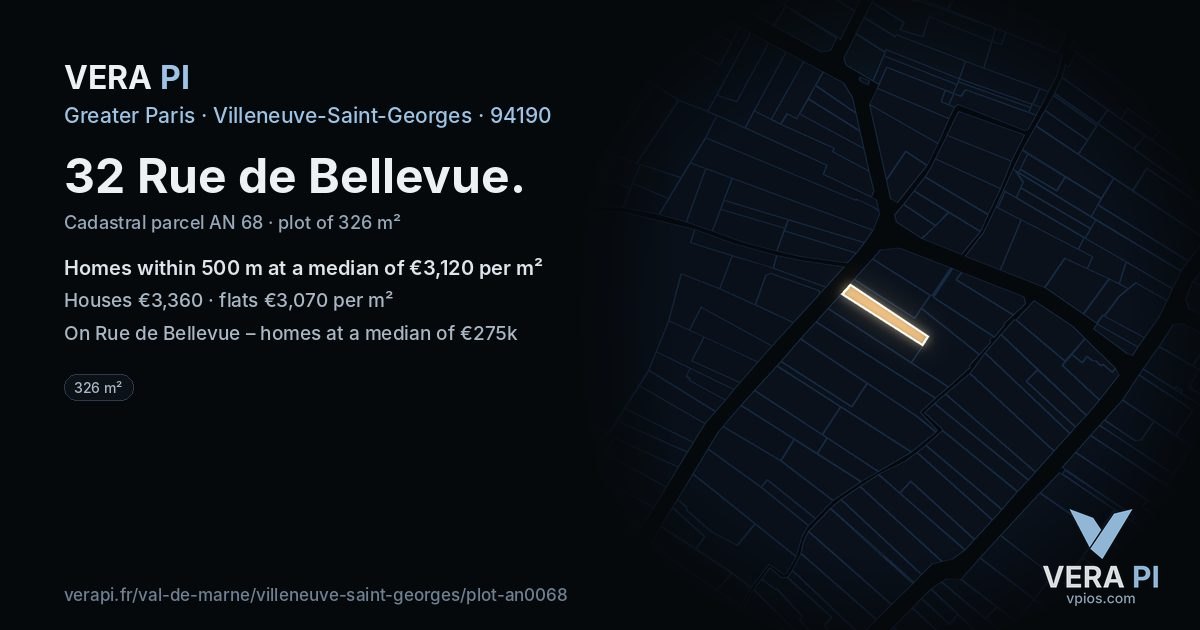 32 Rue de Bellevue, Villeneuve-Saint-Georges at night – the plot lit, the parcels around coloured by the prices near them