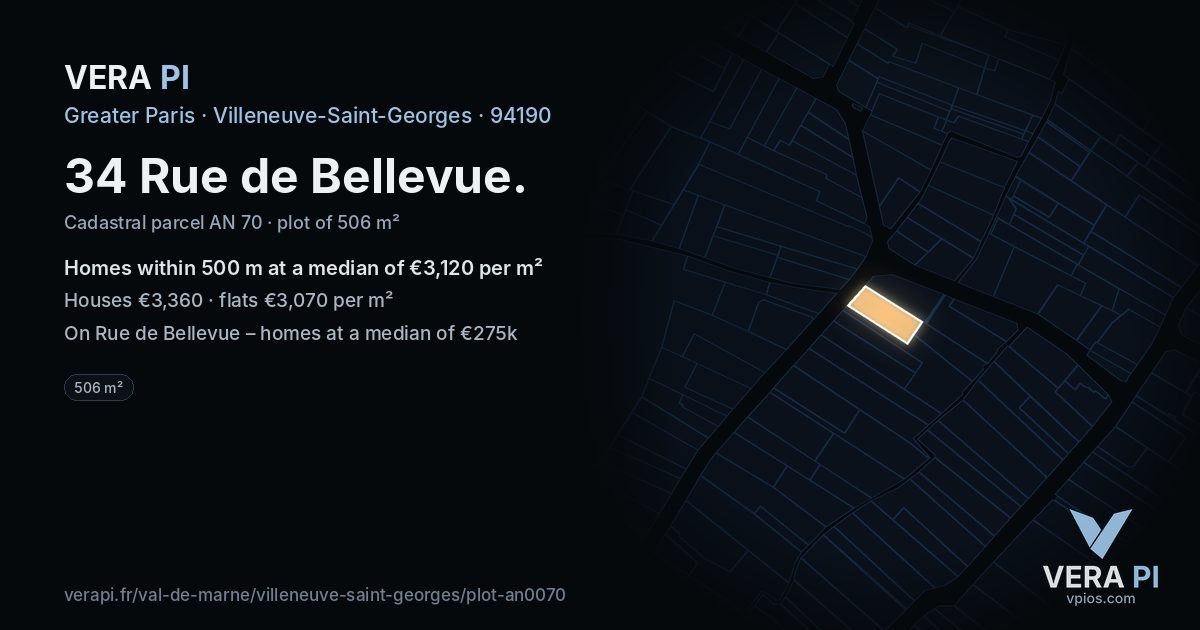 34 Rue de Bellevue, Villeneuve-Saint-Georges at night – the plot lit, the parcels around coloured by the prices near them