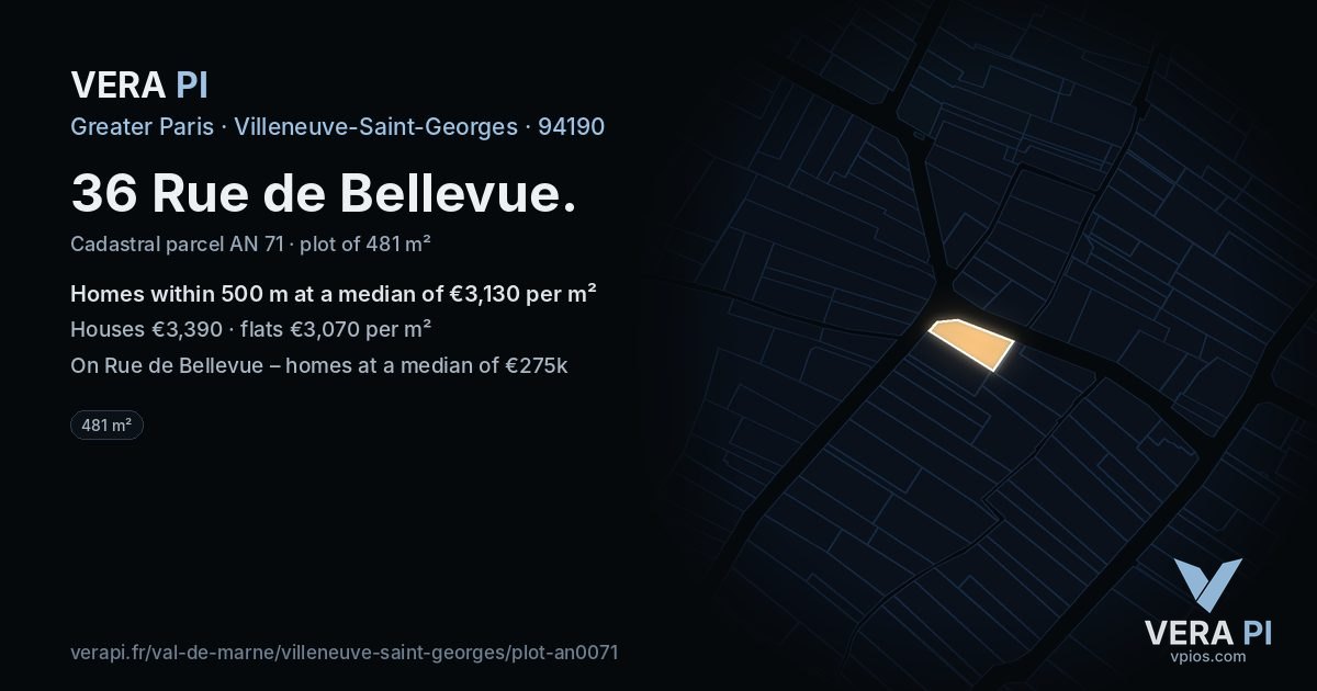 36 Rue de Bellevue, Villeneuve-Saint-Georges at night – the plot lit, the parcels around coloured by the prices near them