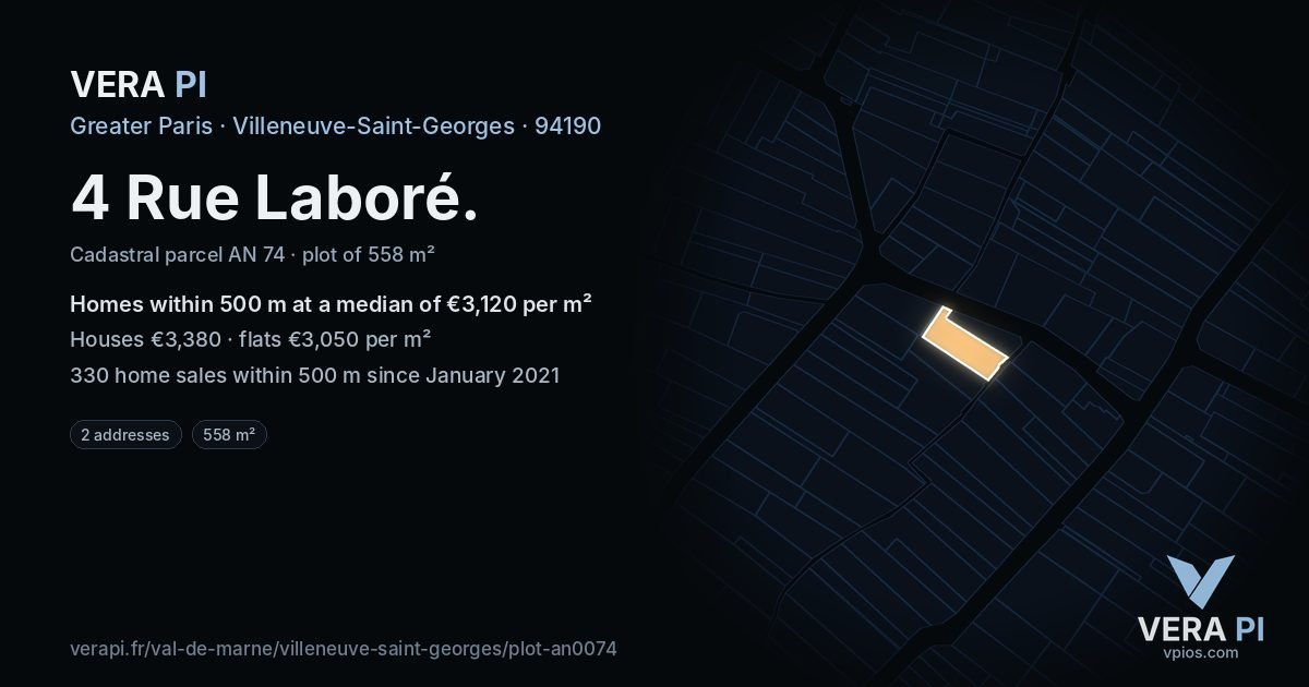 4 Rue Laboré, Villeneuve-Saint-Georges at night – the plot lit, the parcels around coloured by the prices near them