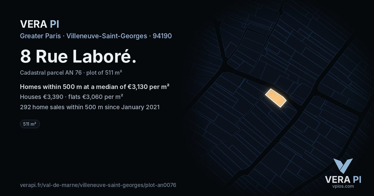 8 Rue Laboré, Villeneuve-Saint-Georges at night – the plot lit, the parcels around coloured by the prices near them