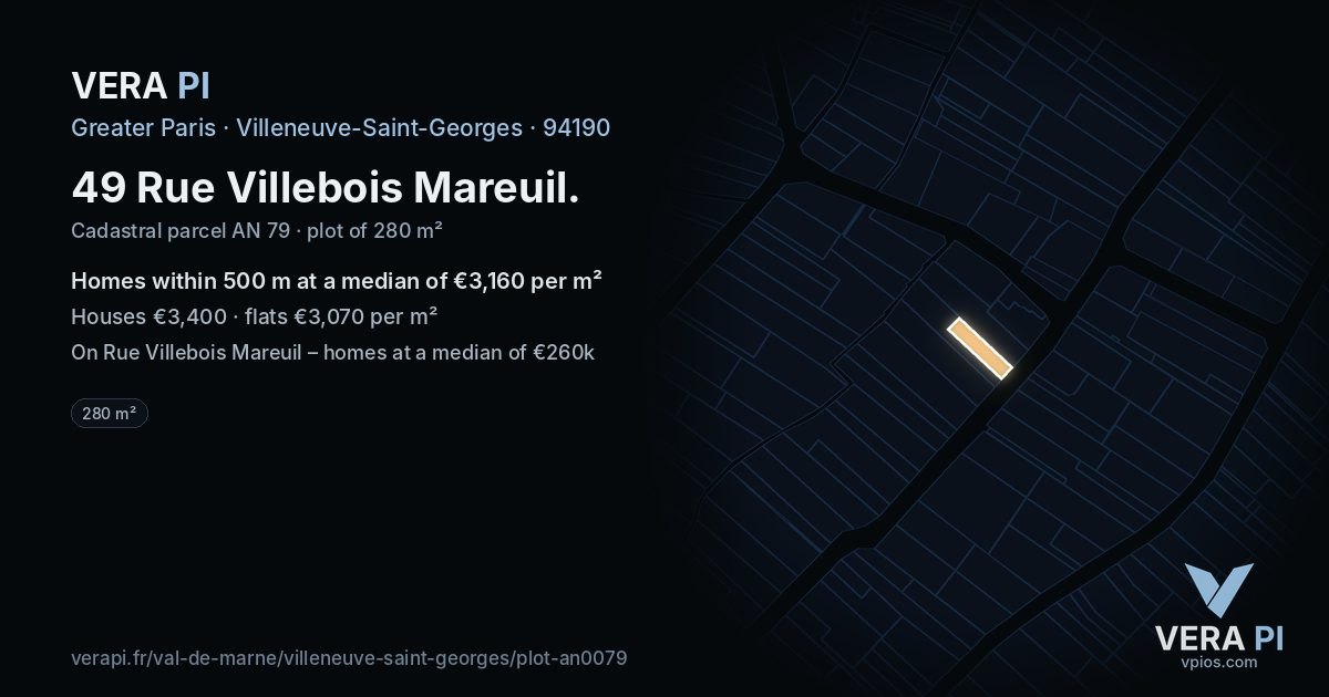 49 Rue Villebois Mareuil, Villeneuve-Saint-Georges at night – the plot lit, the parcels around coloured by the prices near them