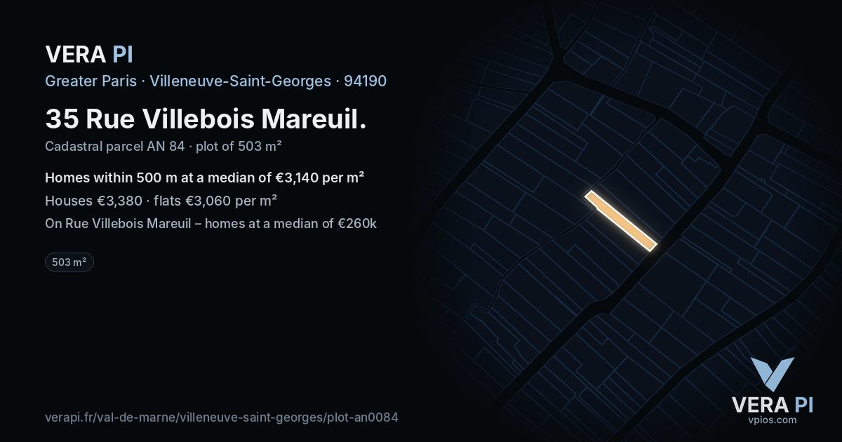 35 Rue Villebois Mareuil, Villeneuve-Saint-Georges at night – the plot lit, the parcels around coloured by the prices near them