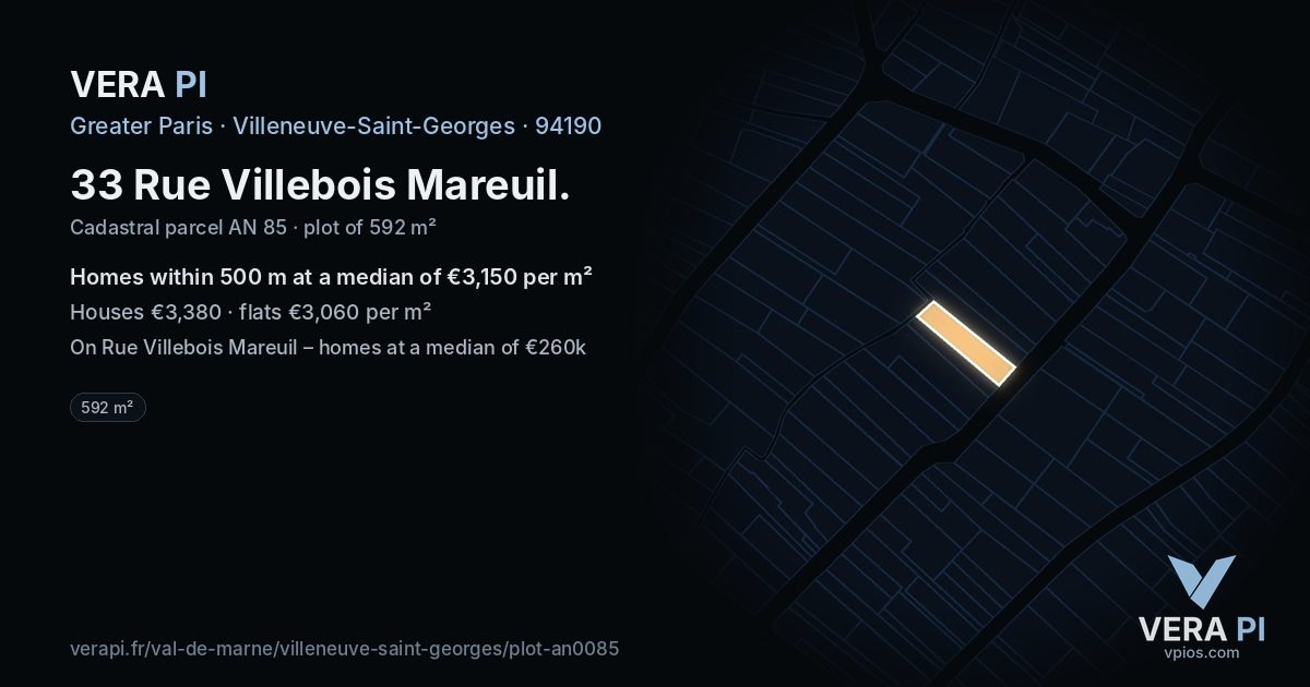33 Rue Villebois Mareuil, Villeneuve-Saint-Georges at night – the plot lit, the parcels around coloured by the prices near them