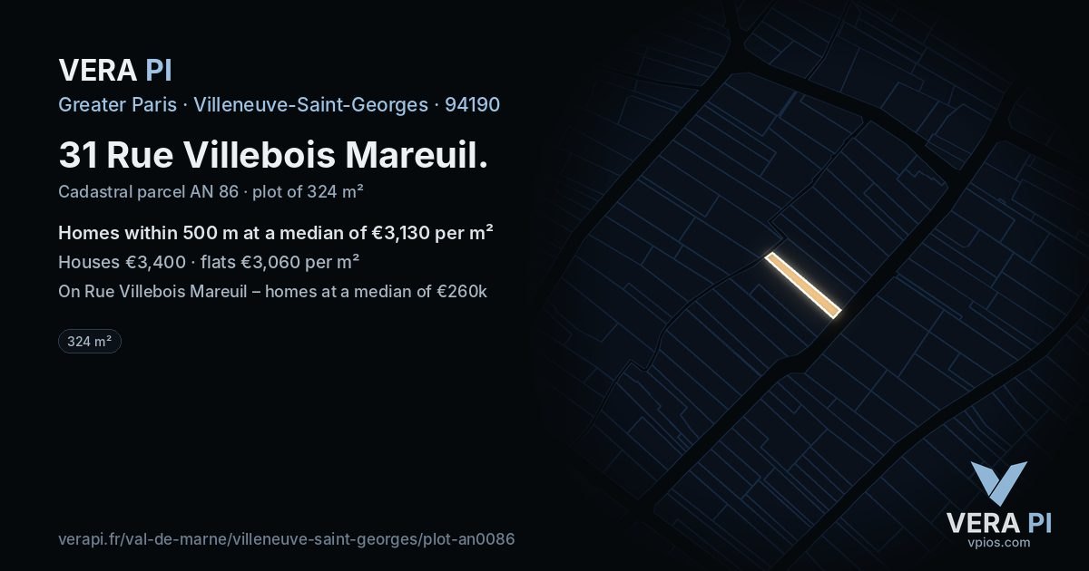 31 Rue Villebois Mareuil, Villeneuve-Saint-Georges at night – the plot lit, the parcels around coloured by the prices near them