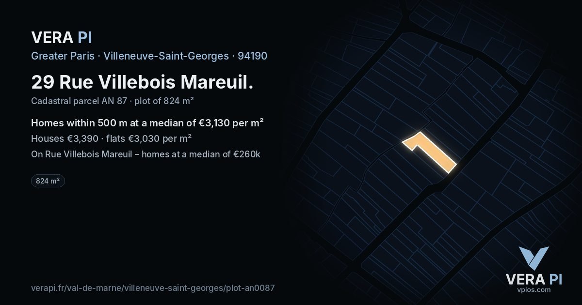 29 Rue Villebois Mareuil, Villeneuve-Saint-Georges at night – the plot lit, the parcels around coloured by the prices near them