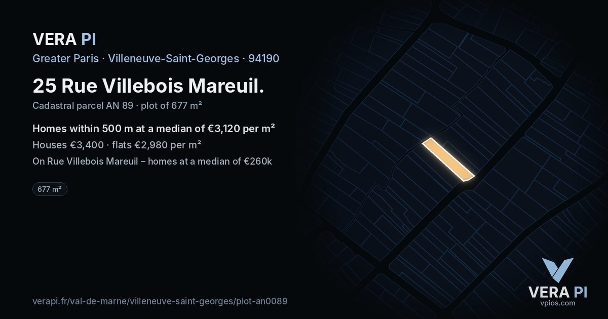 25 Rue Villebois Mareuil, Villeneuve-Saint-Georges at night – the plot lit, the parcels around coloured by the prices near them