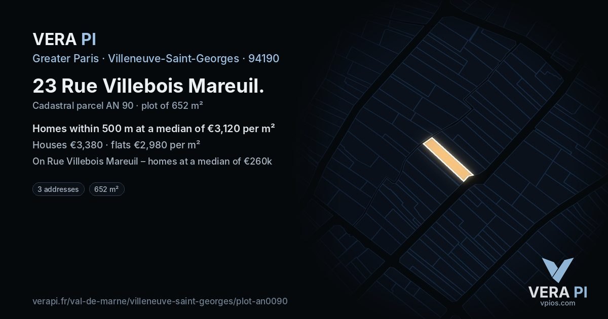 23 Rue Villebois Mareuil, Villeneuve-Saint-Georges at night – the plot lit, the parcels around coloured by the prices near them