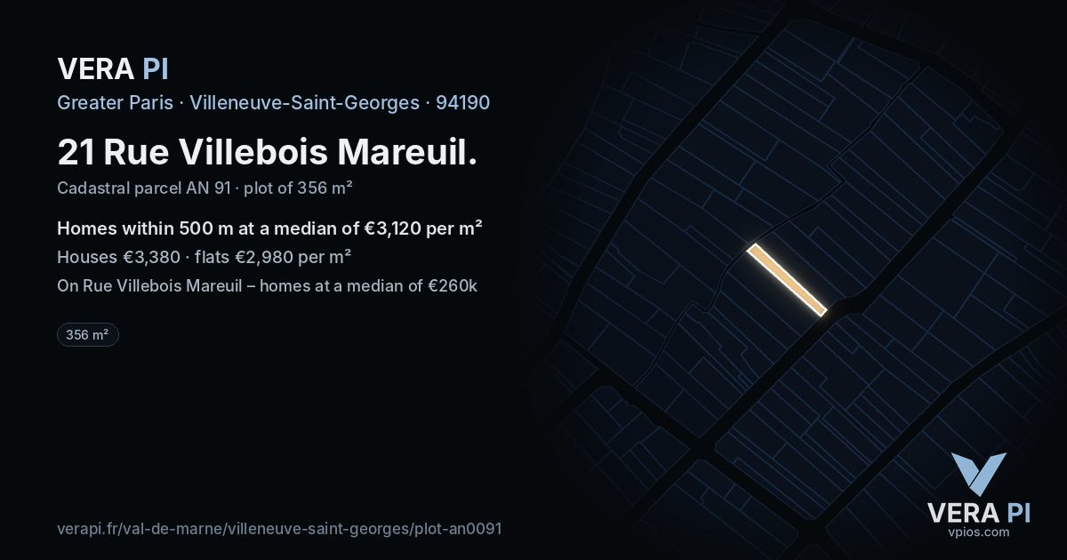21 Rue Villebois Mareuil, Villeneuve-Saint-Georges at night – the plot lit, the parcels around coloured by the prices near them