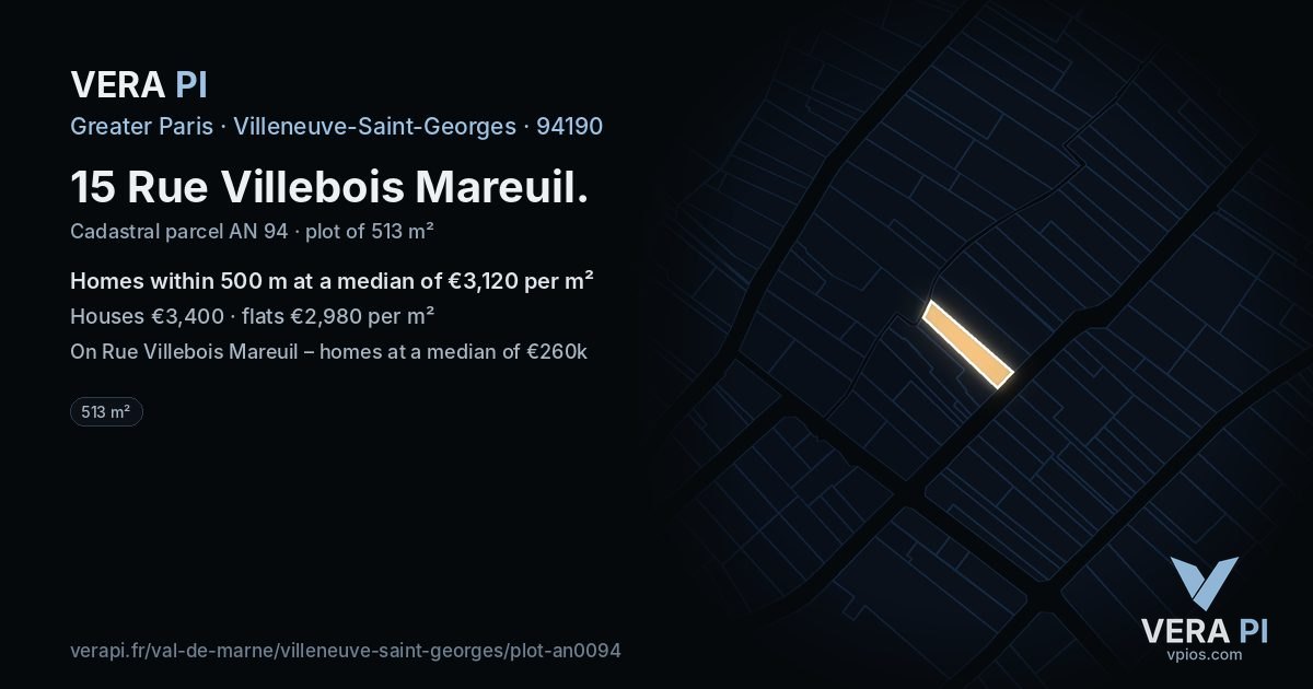 15 Rue Villebois Mareuil, Villeneuve-Saint-Georges at night – the plot lit, the parcels around coloured by the prices near them