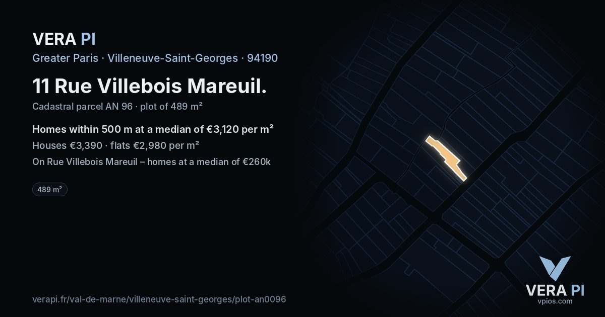 11 Rue Villebois Mareuil, Villeneuve-Saint-Georges at night – the plot lit, the parcels around coloured by the prices near them