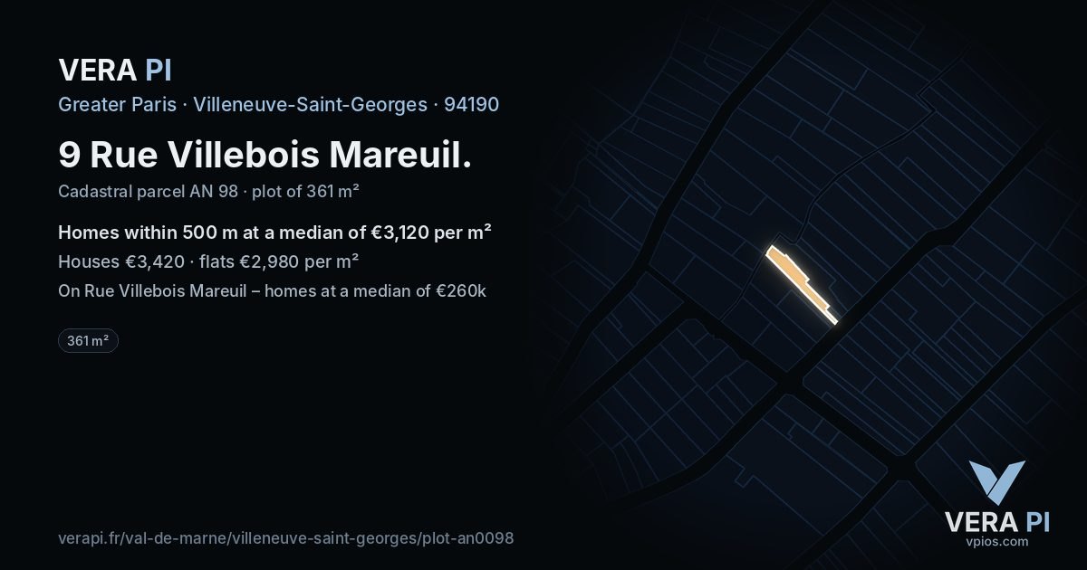 9 Rue Villebois Mareuil, Villeneuve-Saint-Georges at night – the plot lit, the parcels around coloured by the prices near them