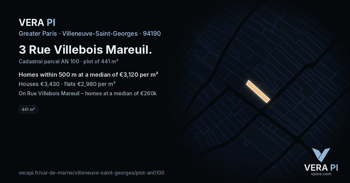 3 Rue Villebois Mareuil, Villeneuve-Saint-Georges at night – the plot lit, the parcels around coloured by the prices near them