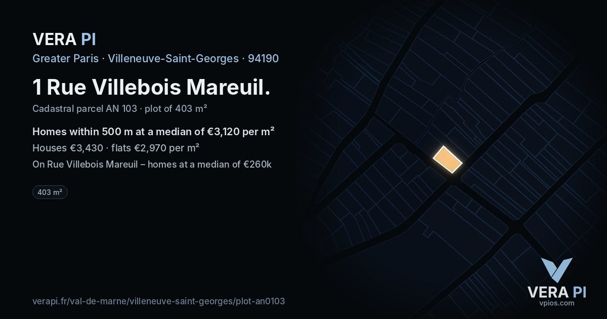 1 Rue Villebois Mareuil, Villeneuve-Saint-Georges at night – the plot lit, the parcels around coloured by the prices near them