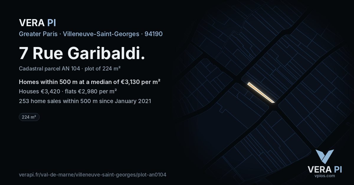 7 Rue Garibaldi, Villeneuve-Saint-Georges at night – the plot lit, the parcels around coloured by the prices near them