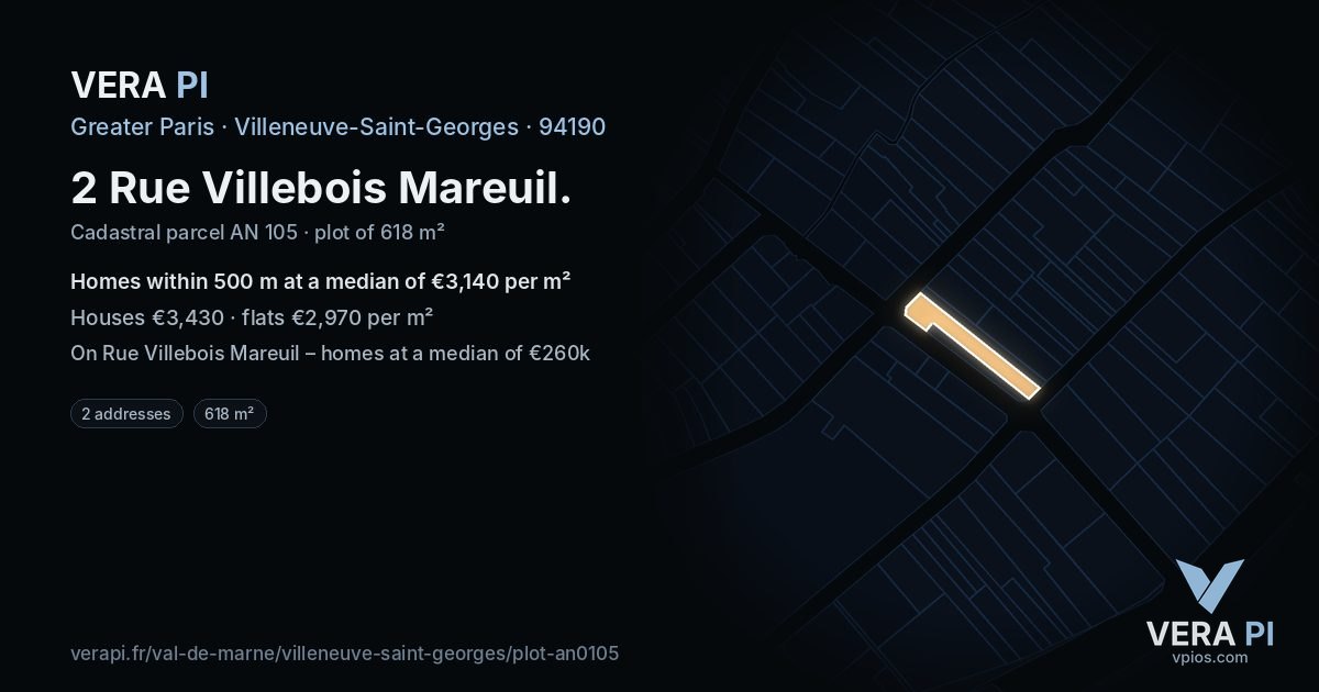 2 Rue Villebois Mareuil, Villeneuve-Saint-Georges at night – the plot lit, the parcels around coloured by the prices near them