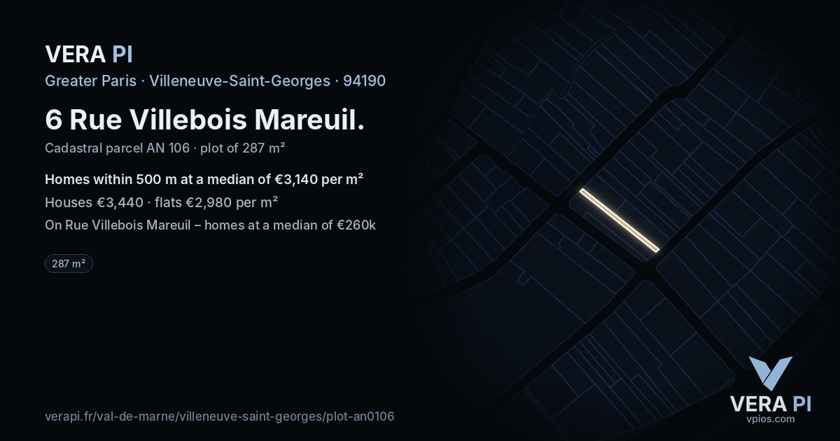 6 Rue Villebois Mareuil, Villeneuve-Saint-Georges at night – the plot lit, the parcels around coloured by the prices near them