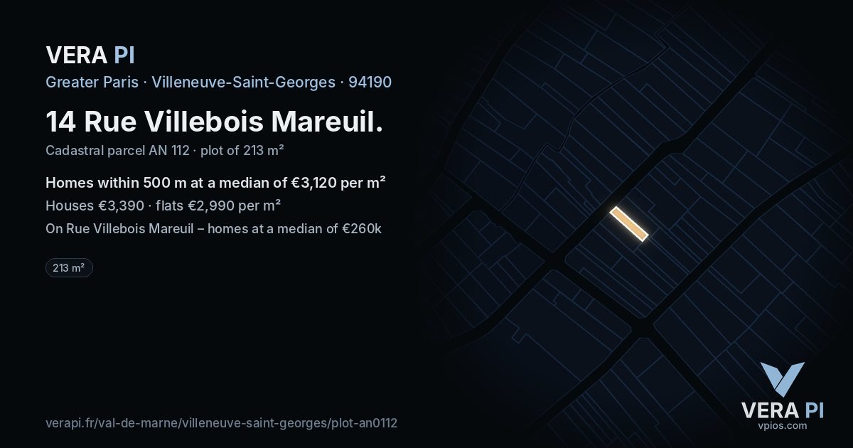 14 Rue Villebois Mareuil, Villeneuve-Saint-Georges at night – the plot lit, the parcels around coloured by the prices near them