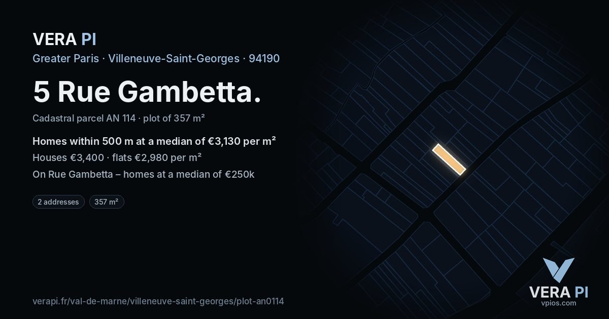 5 Rue Gambetta, Villeneuve-Saint-Georges at night – the plot lit, the parcels around coloured by the prices near them