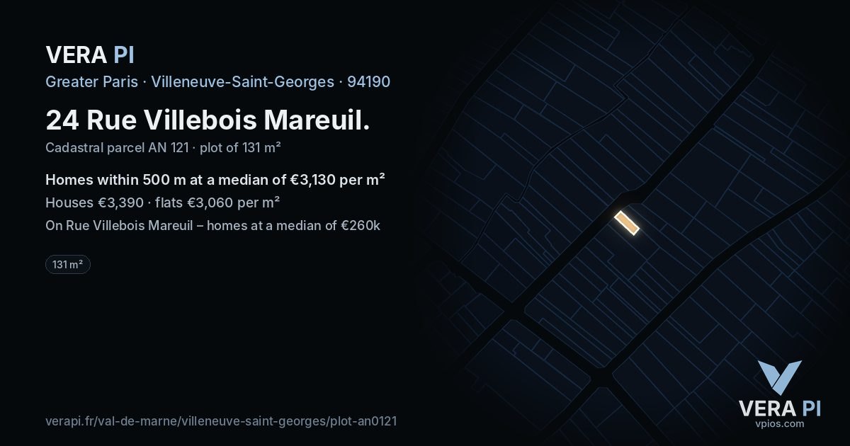 24 Rue Villebois Mareuil, Villeneuve-Saint-Georges at night – the plot lit, the parcels around coloured by the prices near them