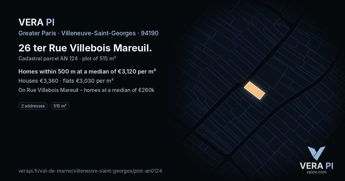 26 ter Rue Villebois Mareuil, Villeneuve-Saint-Georges at night – the plot lit, the parcels around coloured by the prices near them