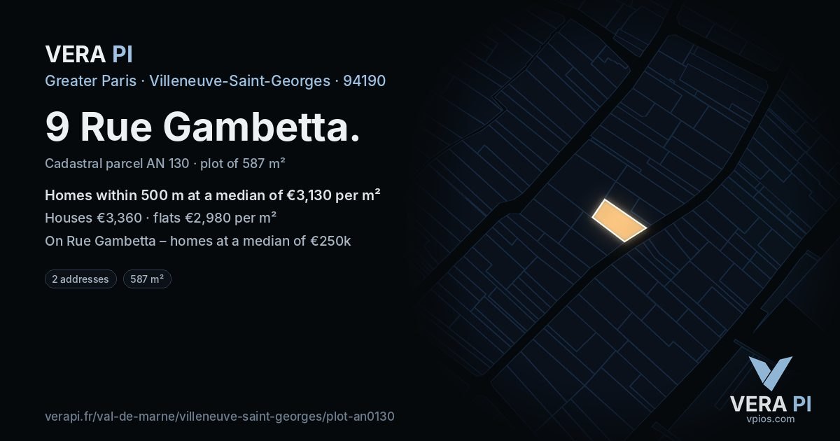 9 Rue Gambetta, Villeneuve-Saint-Georges at night – the plot lit, the parcels around coloured by the prices near them