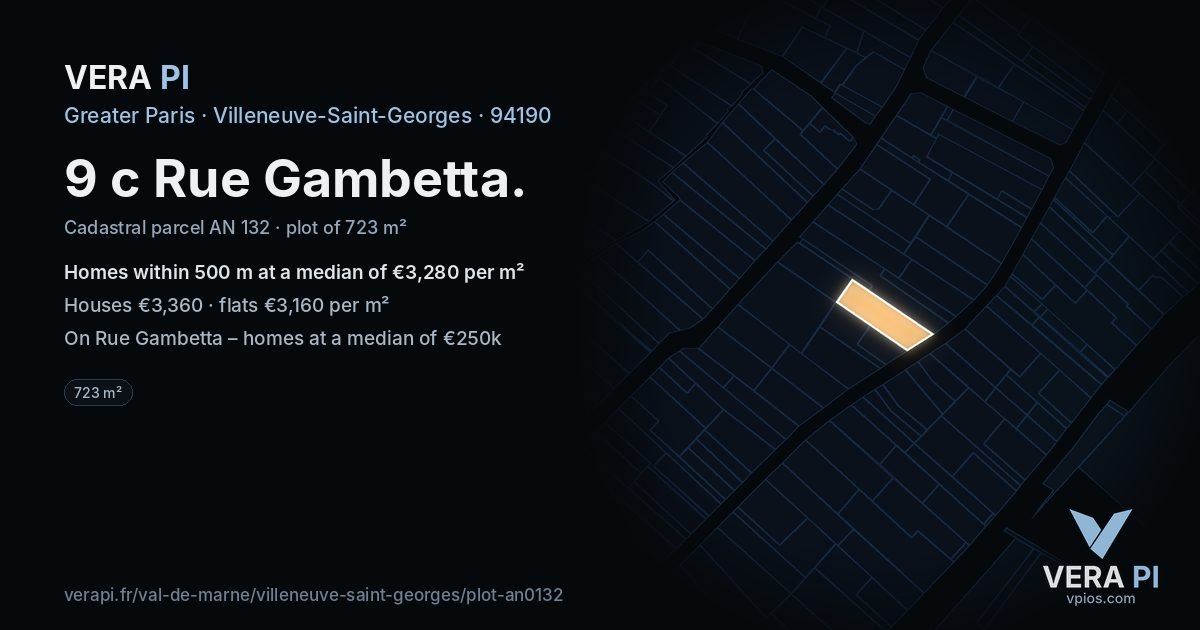 9 c Rue Gambetta, Villeneuve-Saint-Georges at night – the plot lit, the parcels around coloured by the prices near them