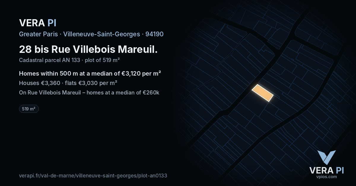 28 bis Rue Villebois Mareuil, Villeneuve-Saint-Georges at night – the plot lit, the parcels around coloured by the prices near them