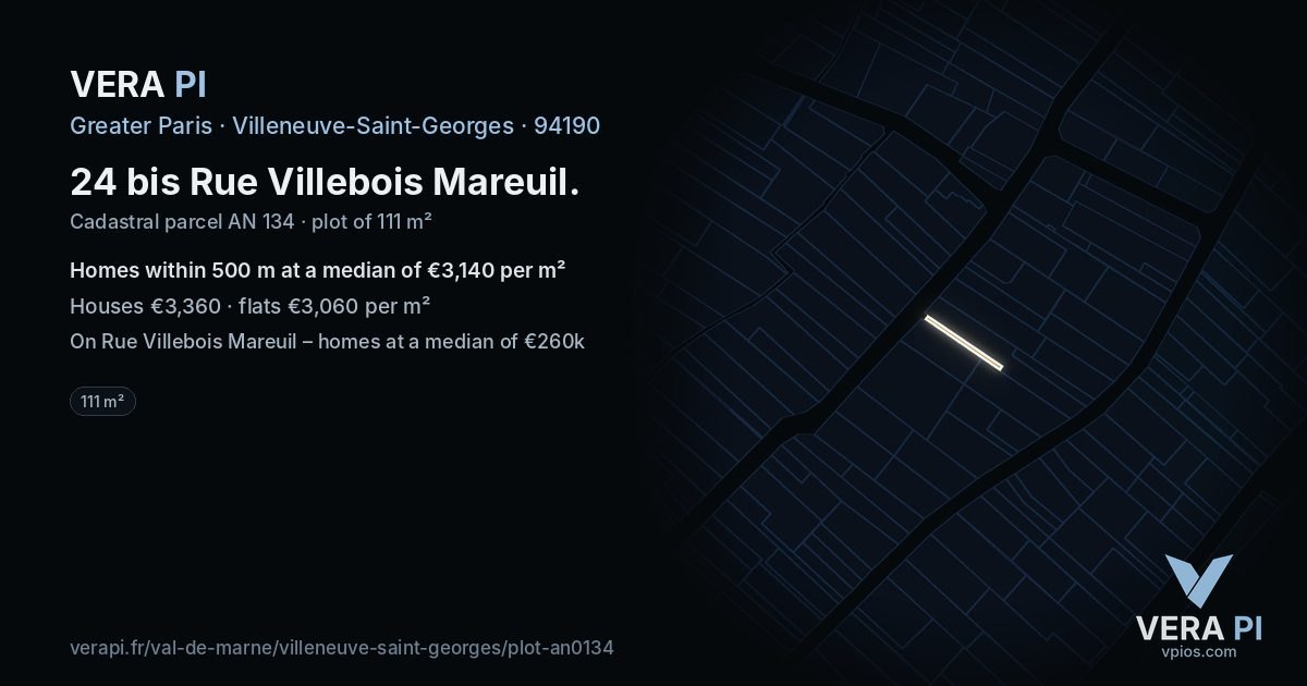 24 bis Rue Villebois Mareuil, Villeneuve-Saint-Georges at night – the plot lit, the parcels around coloured by the prices near them