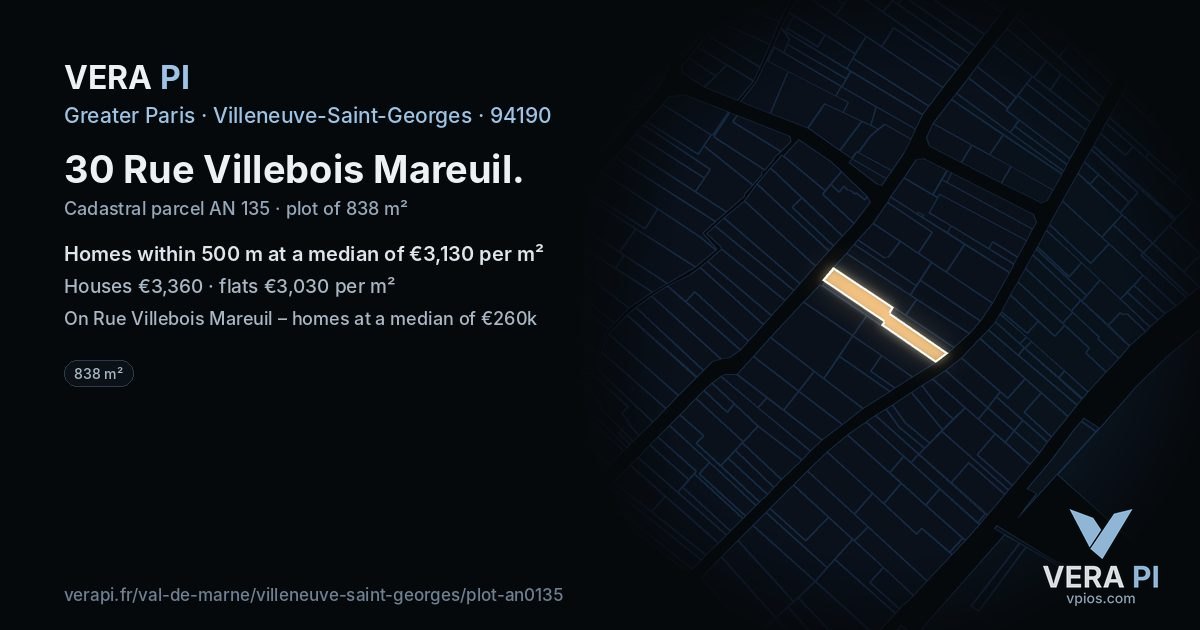 30 Rue Villebois Mareuil, Villeneuve-Saint-Georges at night – the plot lit, the parcels around coloured by the prices near them