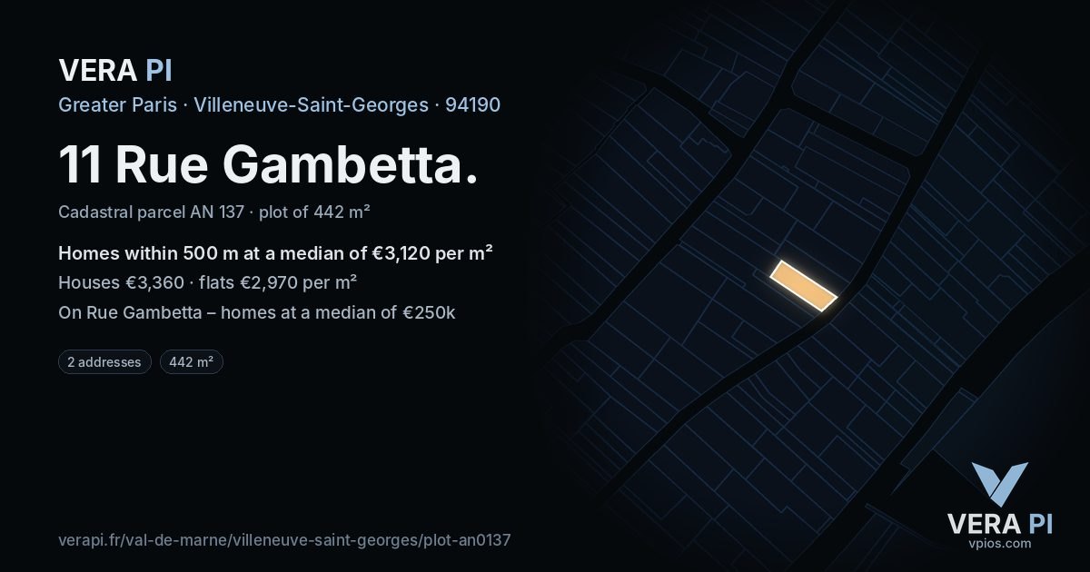 11 Rue Gambetta, Villeneuve-Saint-Georges at night – the plot lit, the parcels around coloured by the prices near them