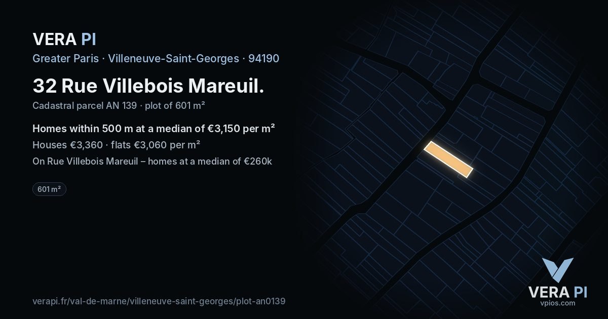 32 Rue Villebois Mareuil, Villeneuve-Saint-Georges at night – the plot lit, the parcels around coloured by the prices near them