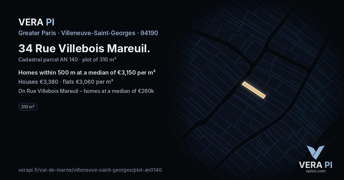 34 Rue Villebois Mareuil, Villeneuve-Saint-Georges at night – the plot lit, the parcels around coloured by the prices near them